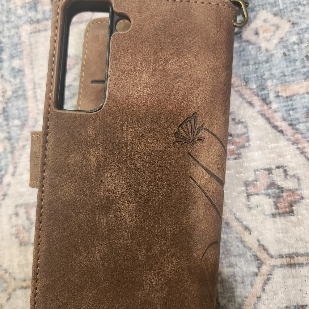 Brown Faux Leather Phone Case with Butterfly Design
